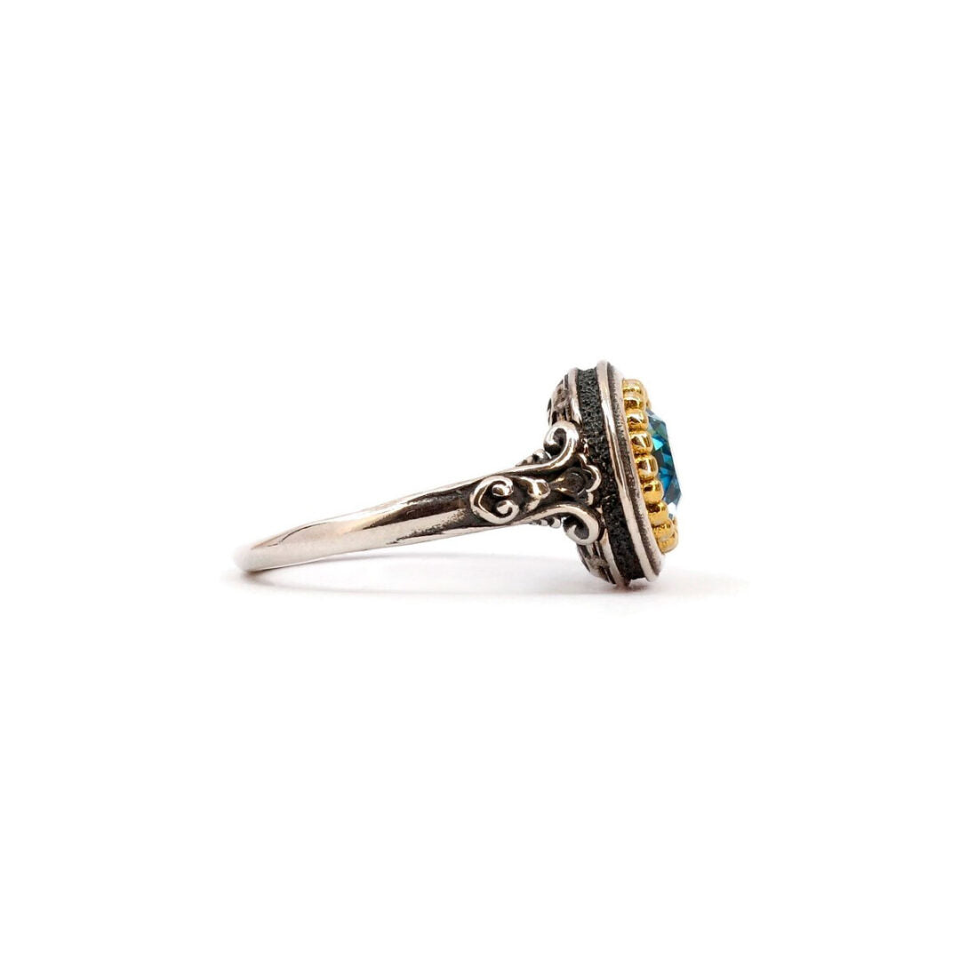 Byzantine Ring Aquamarine Crystal Stone - 925 Sterling Silver Gold Plated