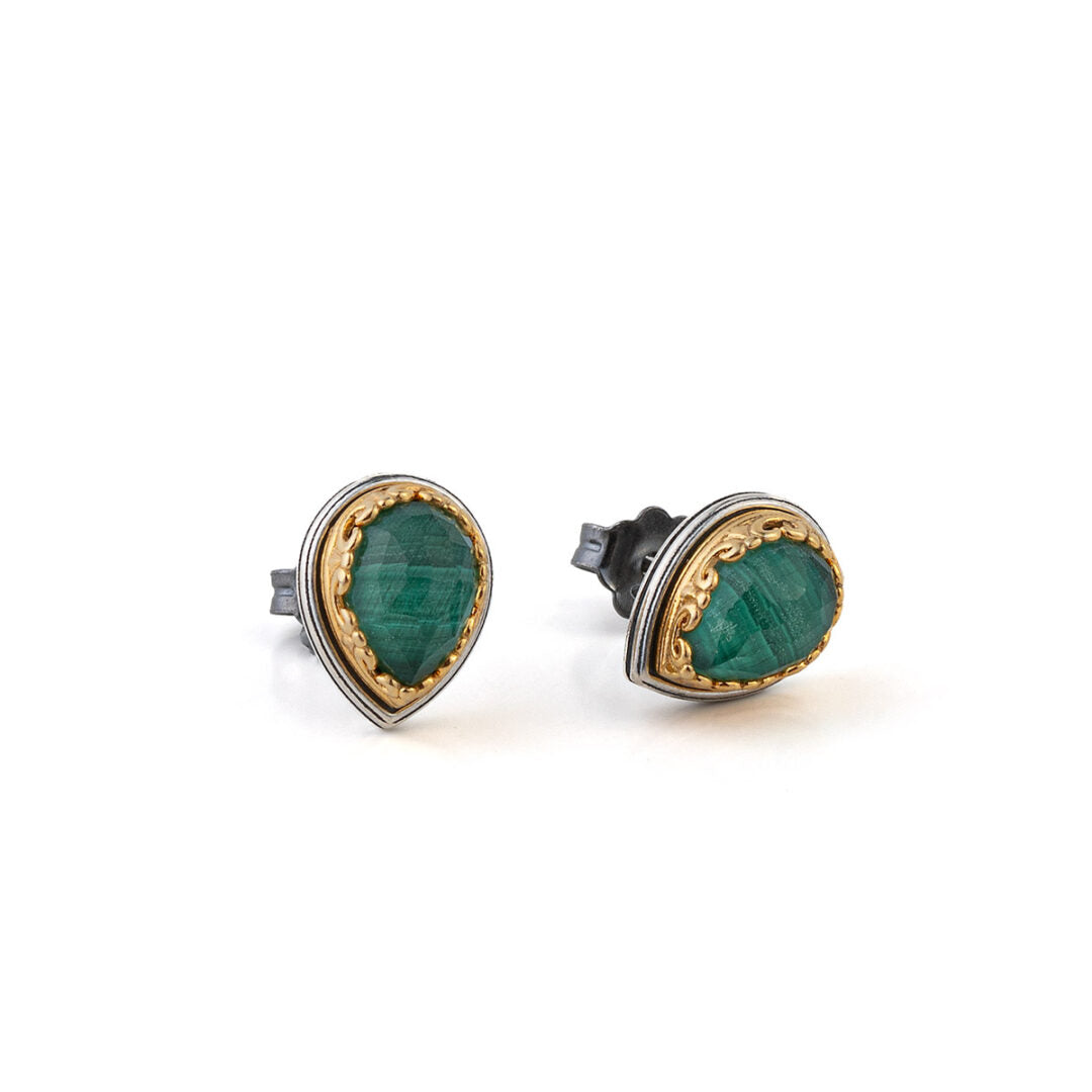 Byzantine Teardrop Stud Earrings with Malachite Doublet Gemstone