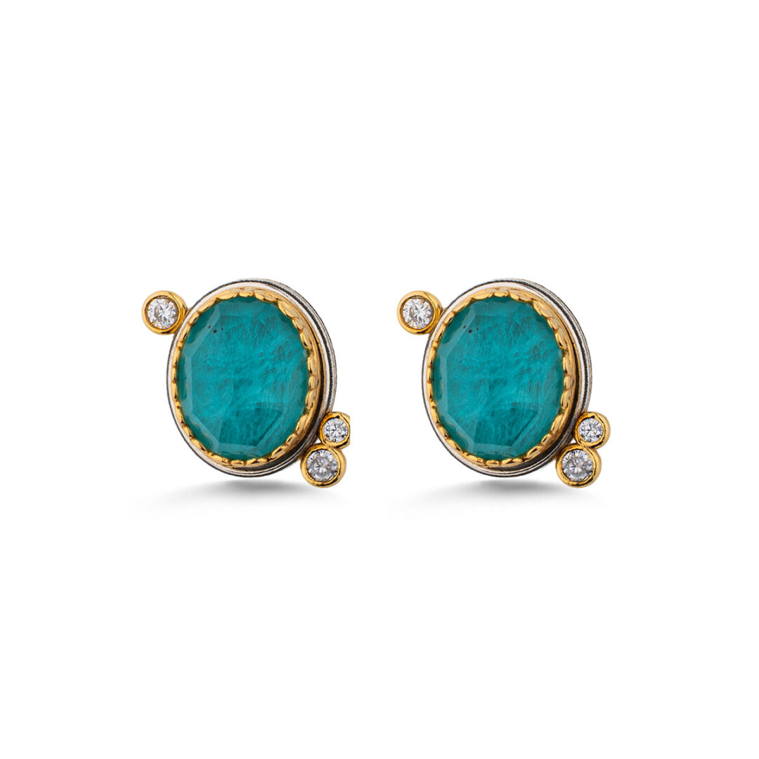 Oval Doublet Amazonite Stud Earrings with Zircon – 925 Sterling Silver