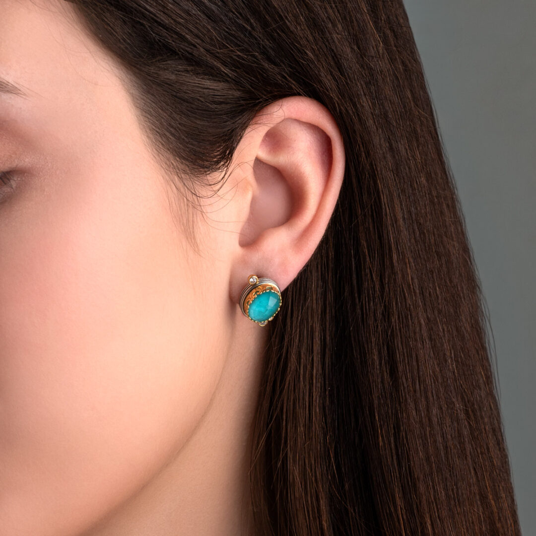 Oval Doublet Amazonite Stud Earrings with Zircon – 925 Sterling Silver