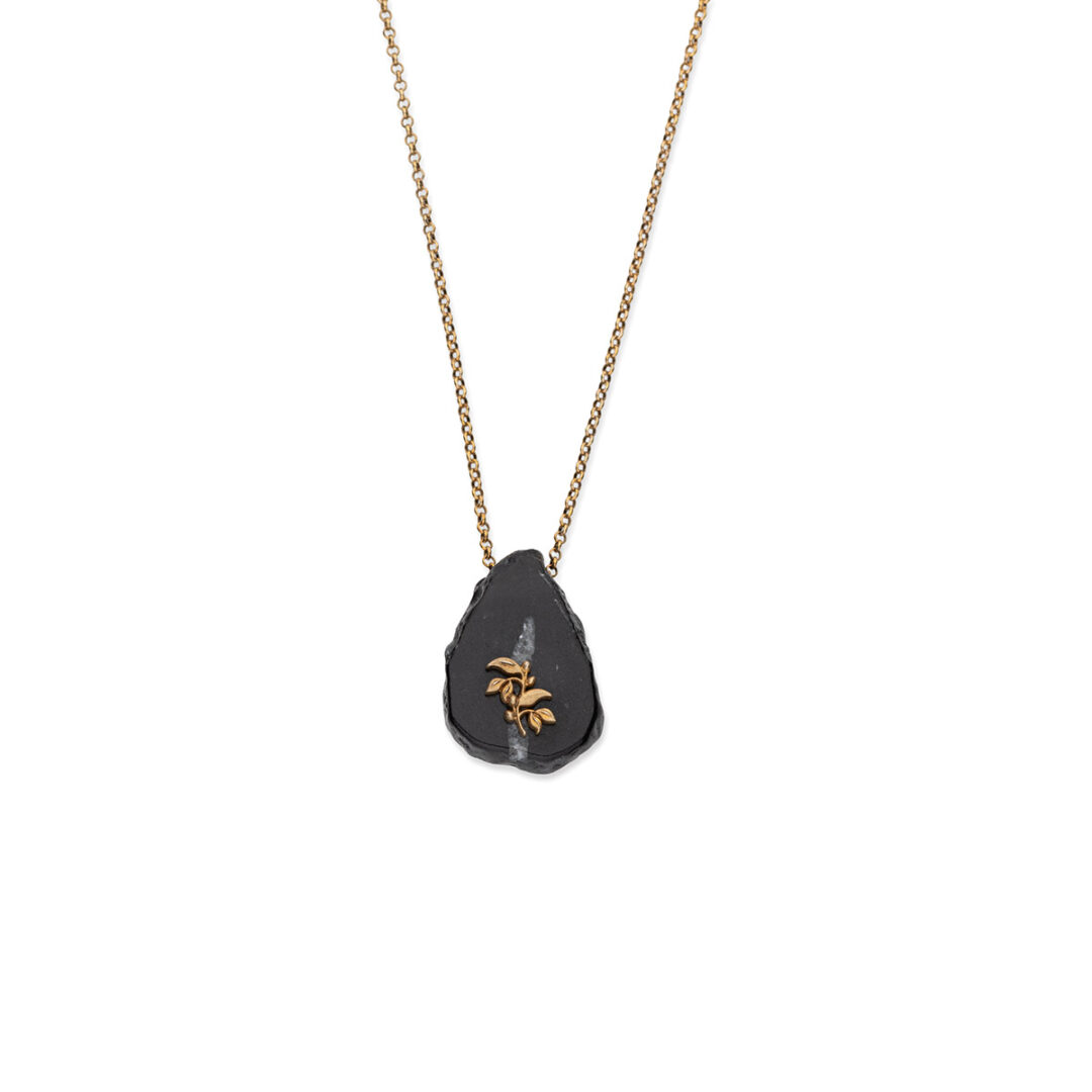 Leaf Chain Necklace with Lava Stone - 925 Sterling Silver