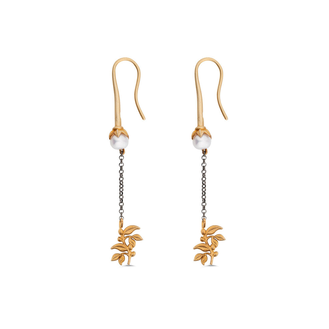 Sterling Silver Leaf Dangle Earrings with Pearl