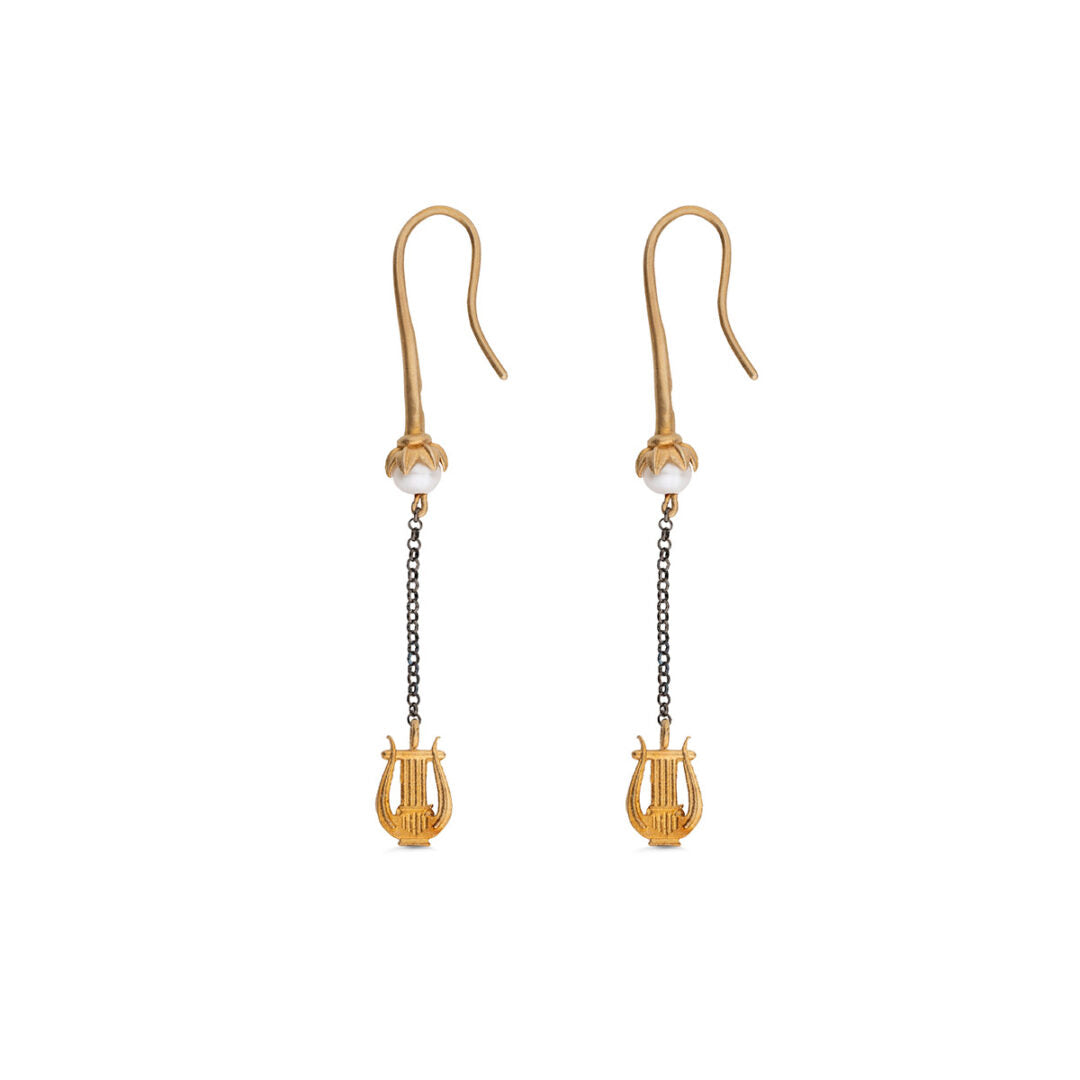 Sterling Silver Harp Dangle Earrings with Freshwater Pearl