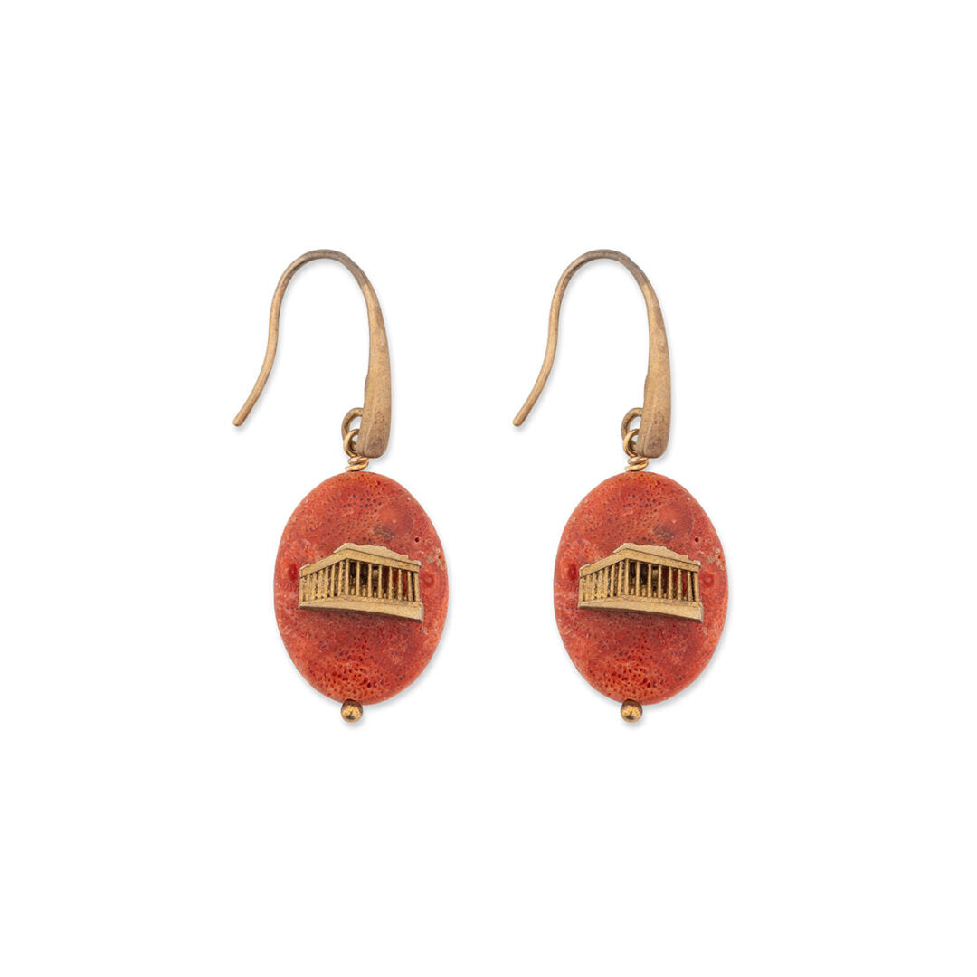 Sterling Silver Parthenon Dangle Earrings with Coral Stone