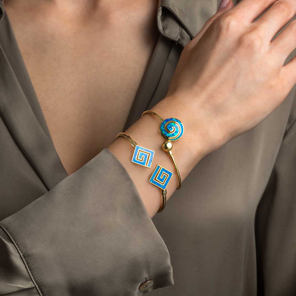 Greek Key Cuff Bracelet with Blue Opal
