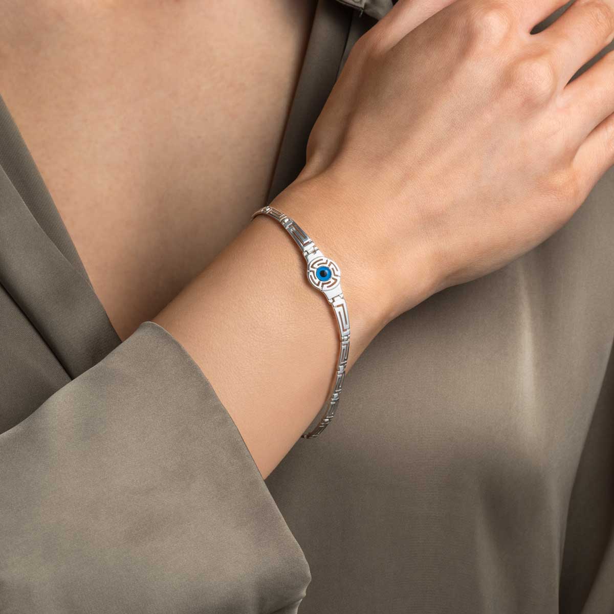 Meander Evil Eye Link Bracelet in 925 Sterling Silver