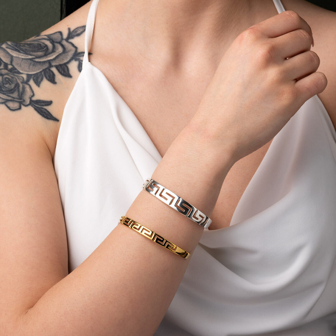 Greek Key Cuff Bracelet - Sterling Silver and Gold Plated