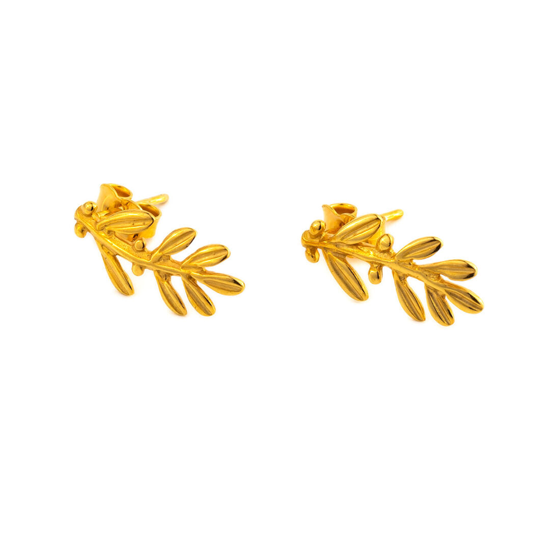 Olive Leaf Long Stud Earrings - Sterling Silver and Gold Plated