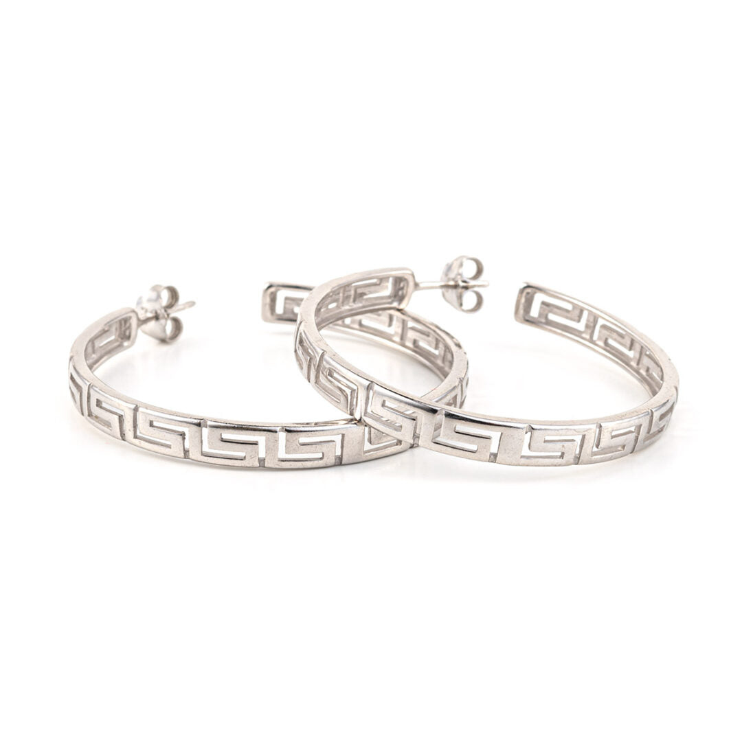 Sterling Silver Greek Key Hoops — Silver