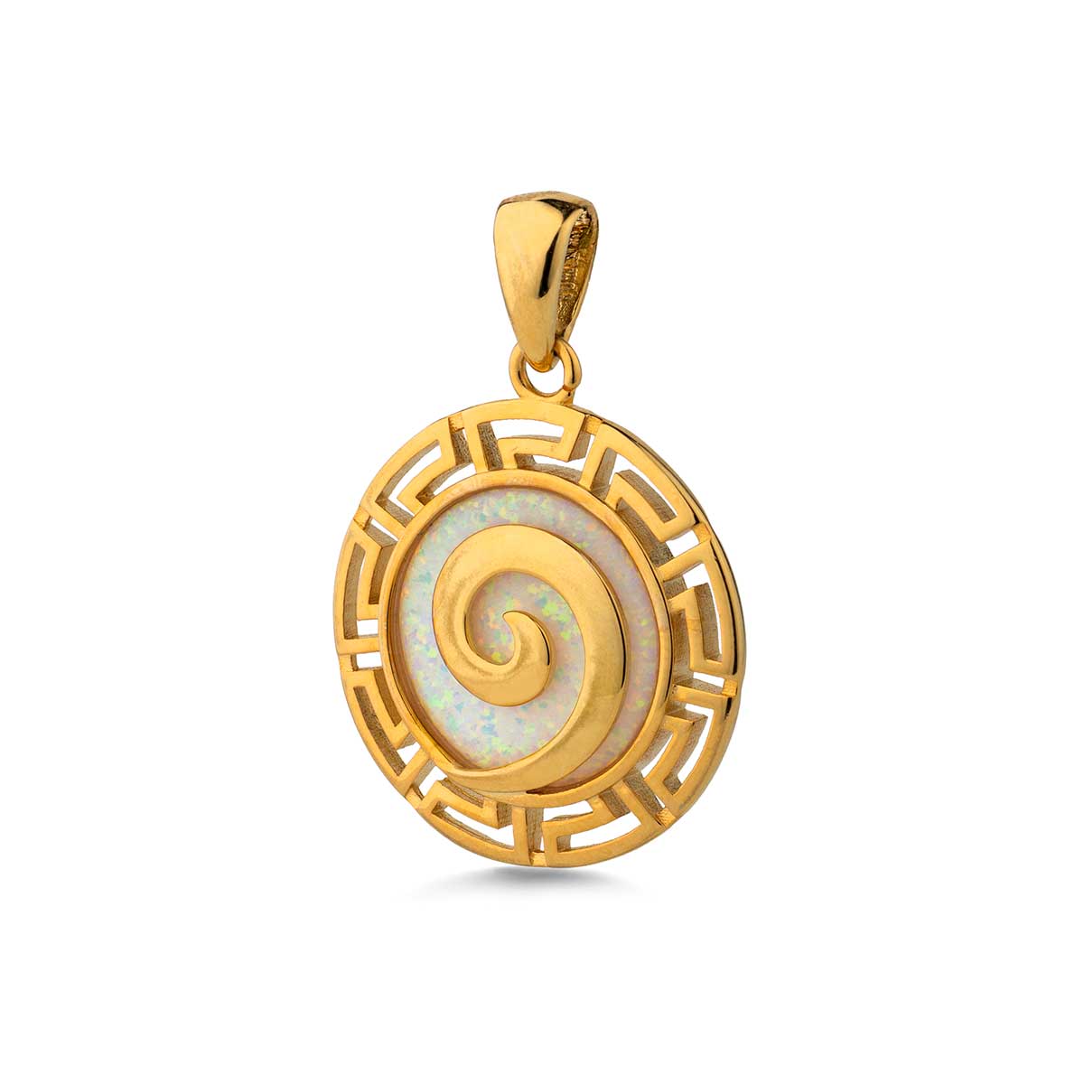 Spiral Greek Key Pendant 925 Sterling Silver Gold Plated with White Opal