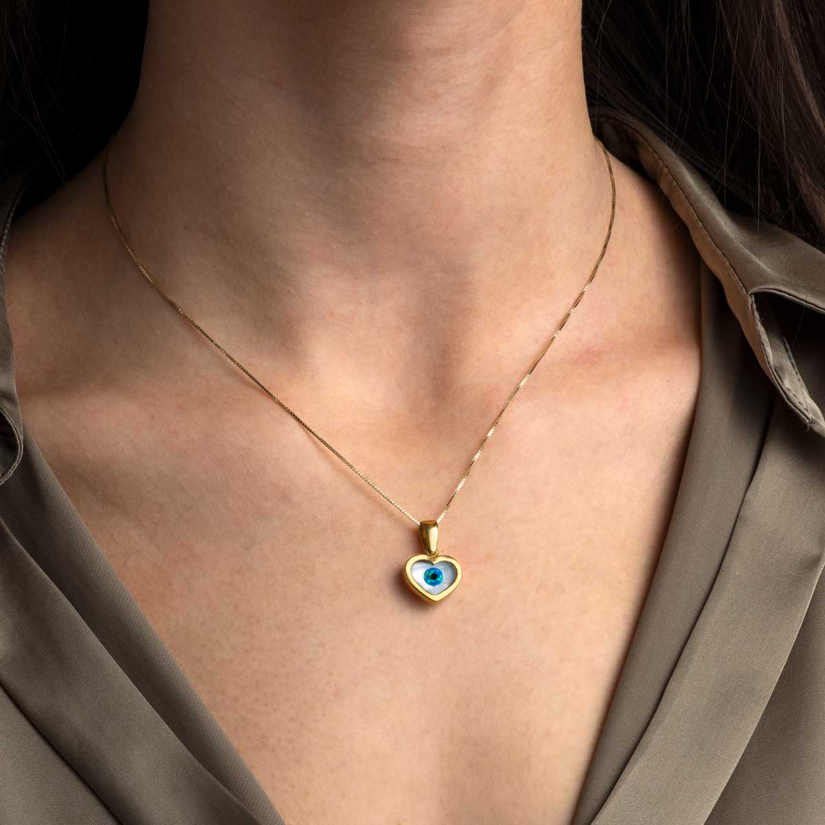 Mother of Pearl Heart Evil Eye Pendant 925 Sterling Silver Gold Plated