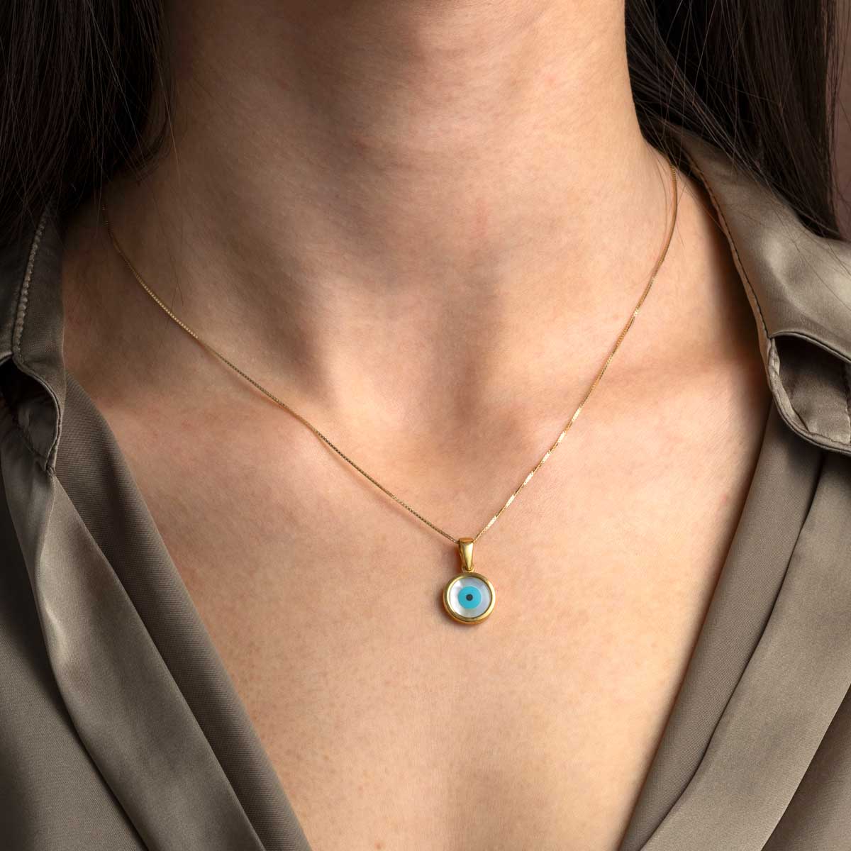 Mother of Pearl Round Evil Eye Pendant Gold Plated Charm
