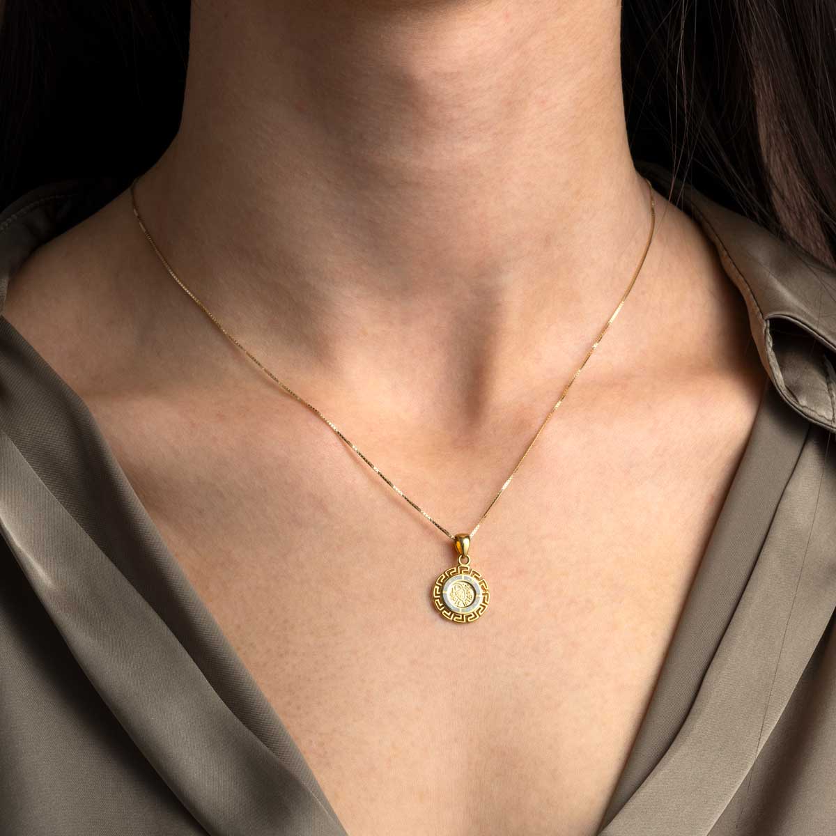 White Opal Meander and Phaistos Pendant 925 Sterling Silver Gold Plated