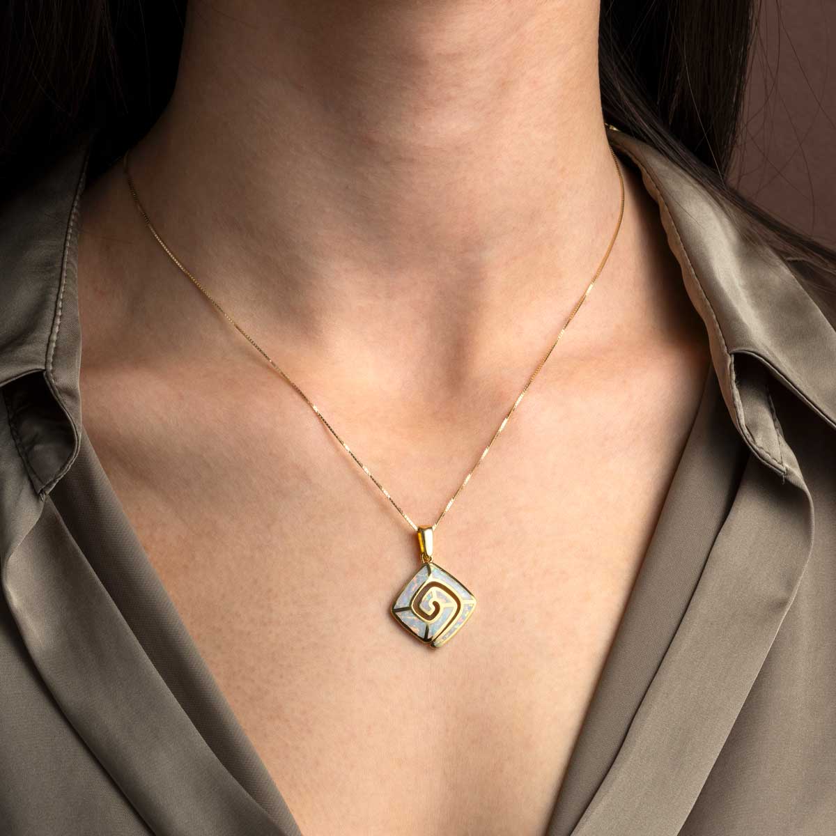 White Opal Meander Pendant 925 Sterling Silver Gold Plated