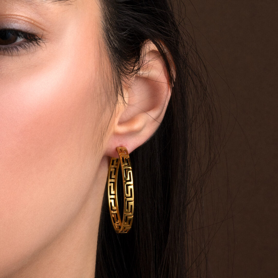 Greek Key Hoop Earrings - Sterling Silver 925 Gold Plated
