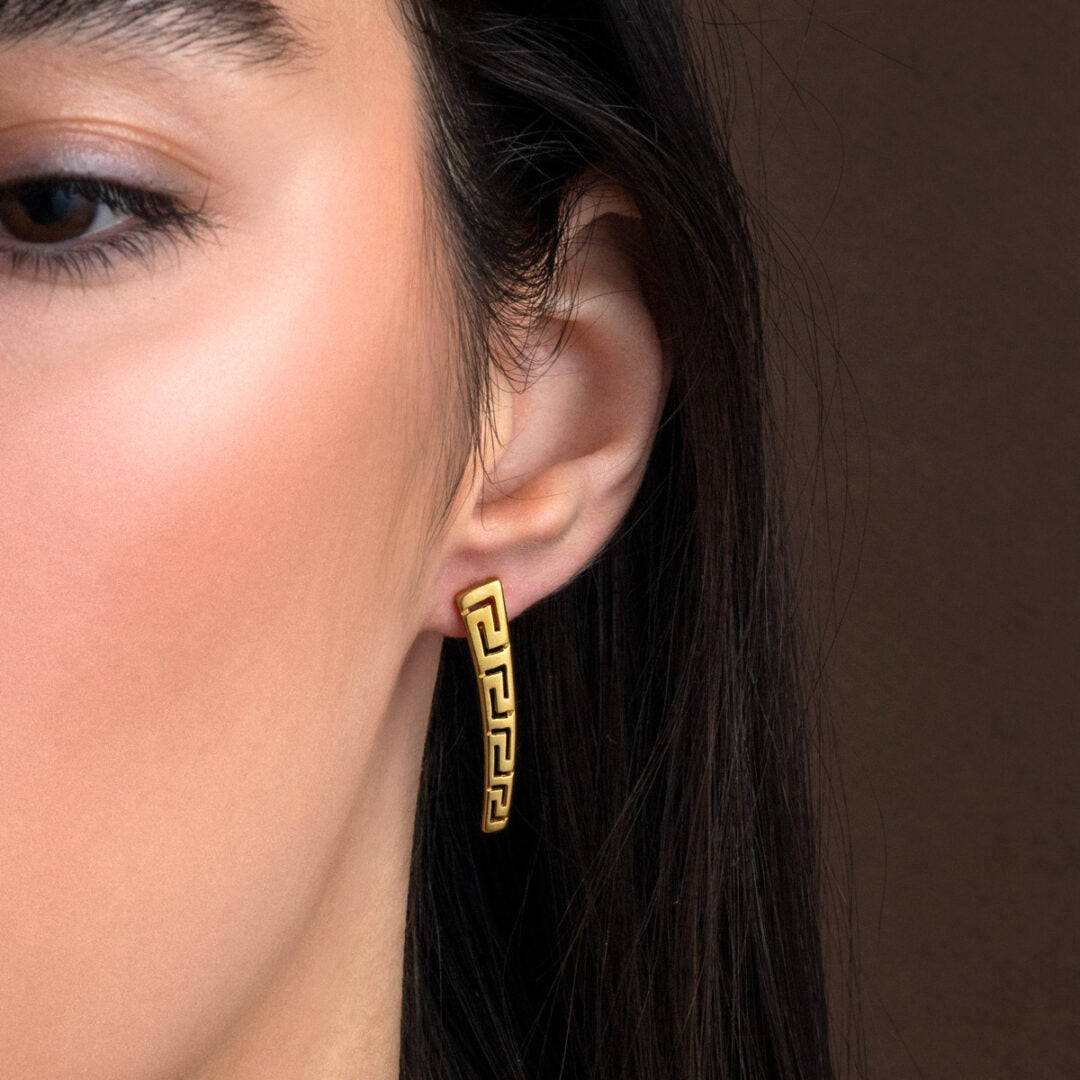 Greek Key Bend Drop Earrings - Sterling Silver 925 Gold Plated