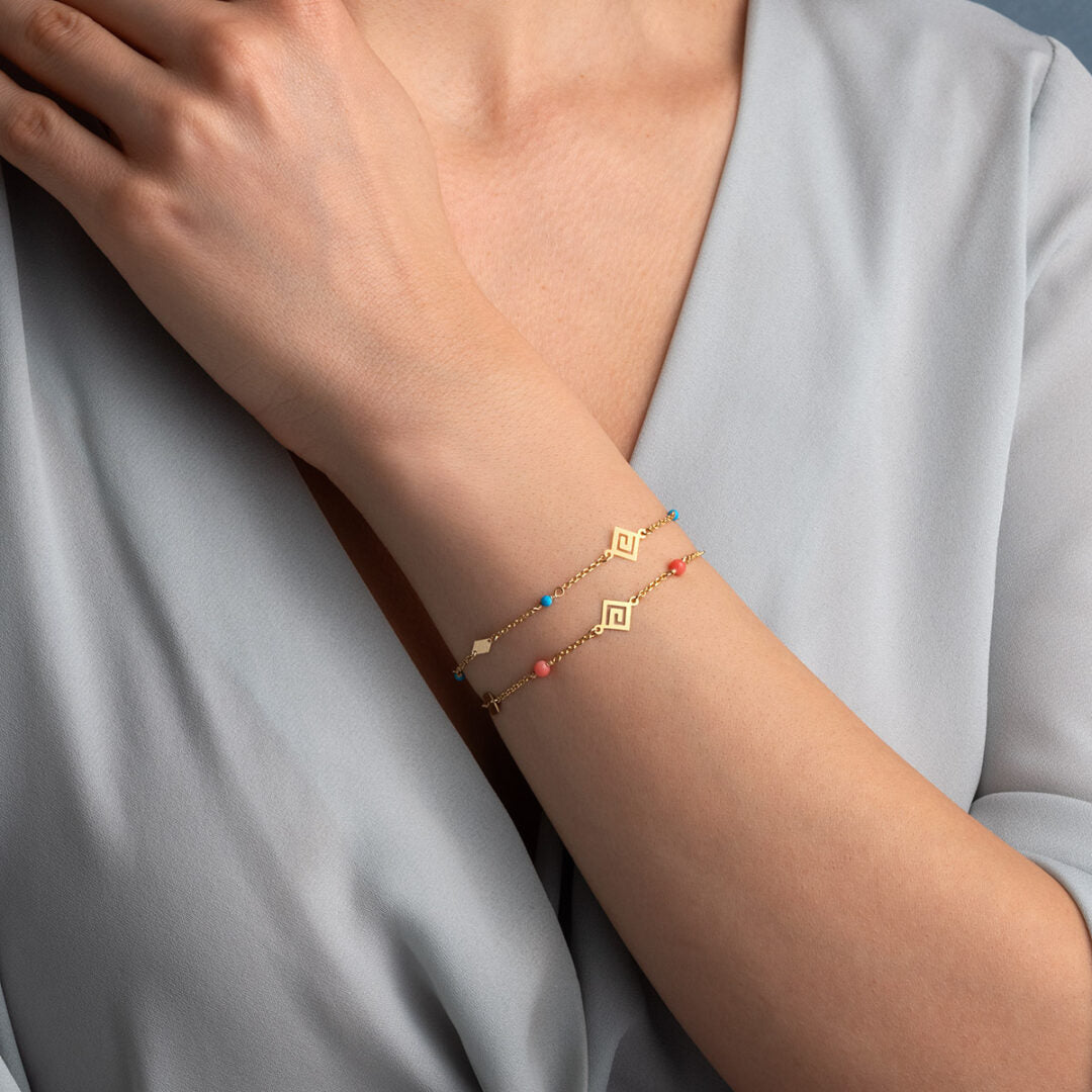 Meander Gold Chain Bracelet with Beads - 14k Gold