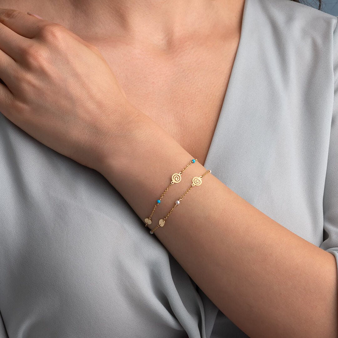 Spiral Gold Chain Bracelet with Beads - 14k Gold