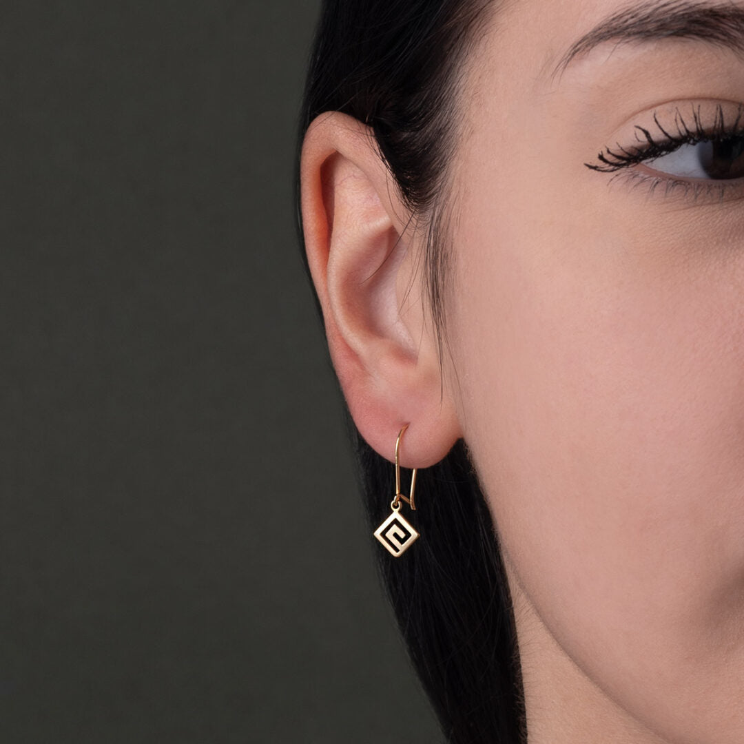 Greek Key Dangle Earrings - 14K Gold