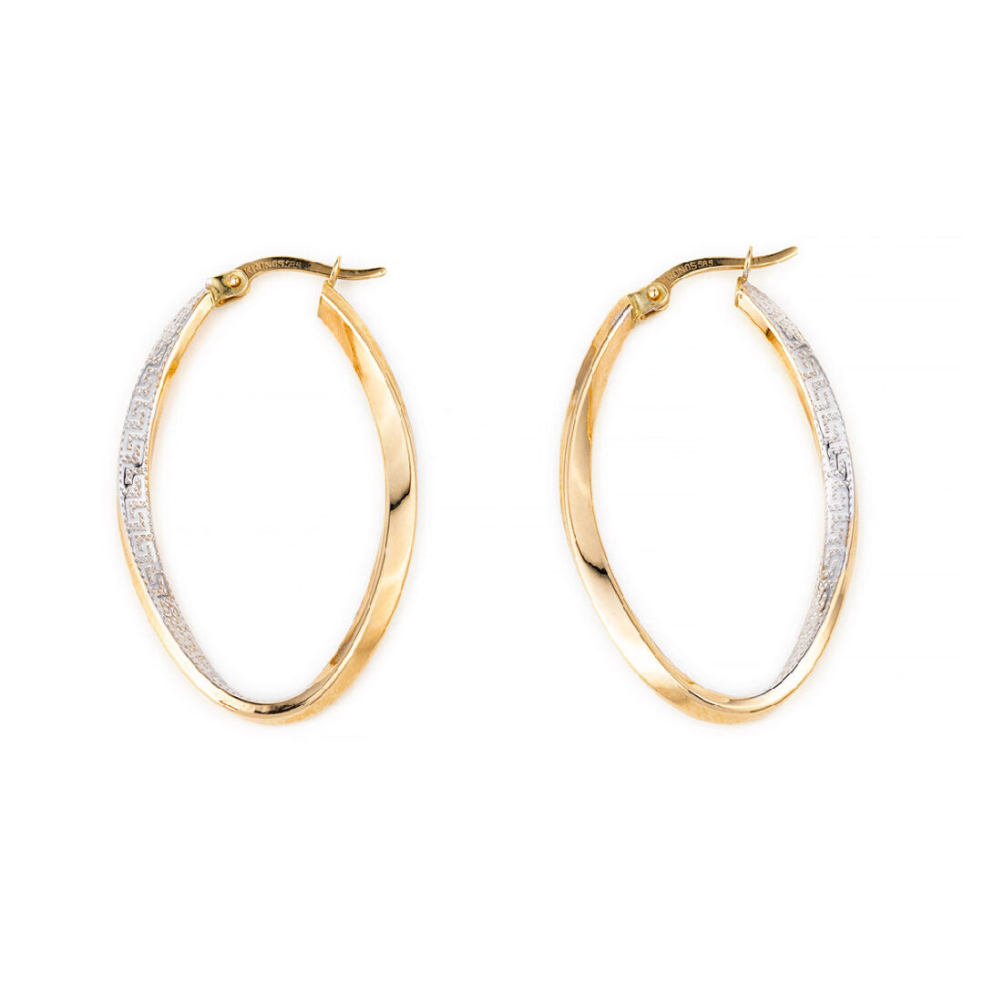 14k Gold Meander Oval Hoop Earrings