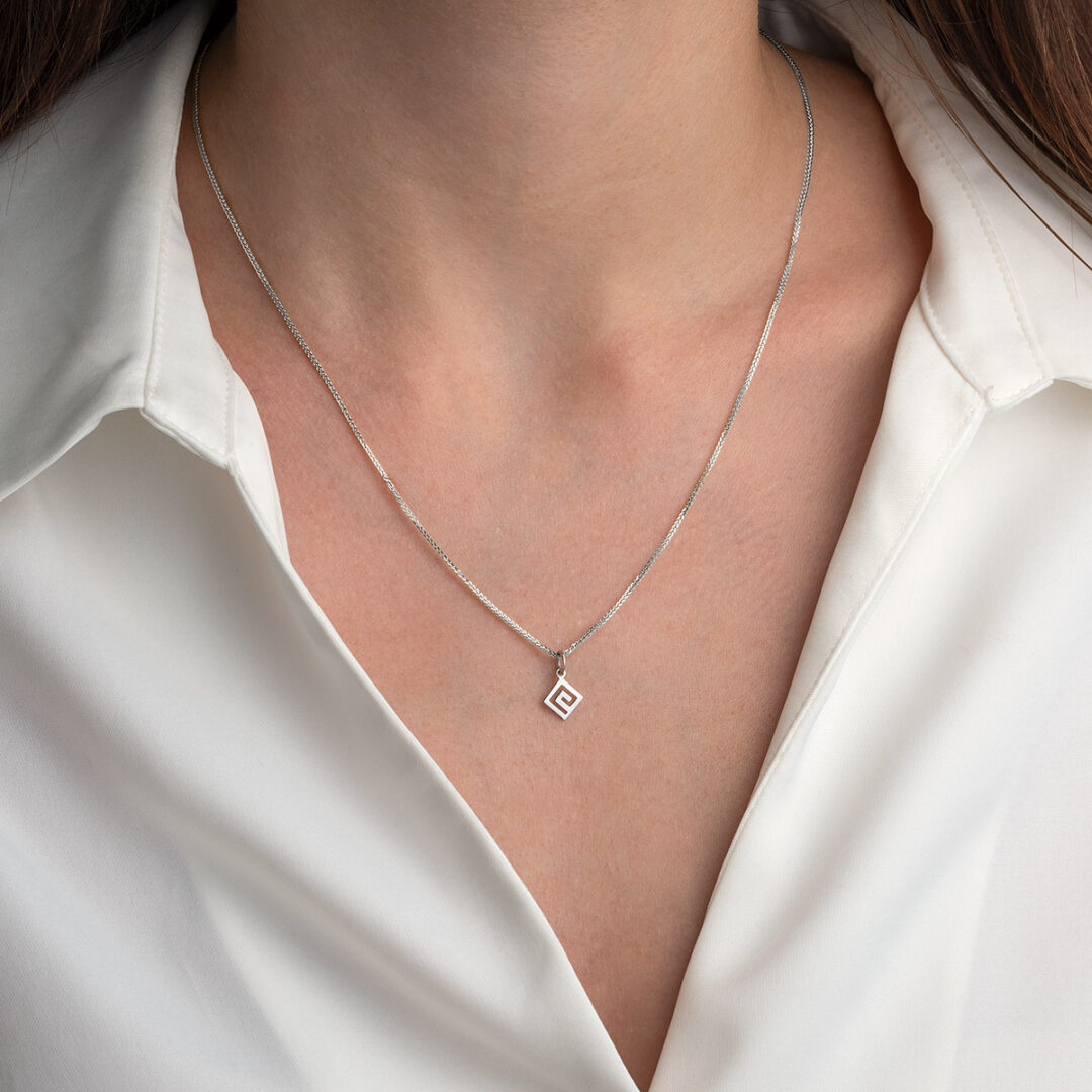 Greek Key Meander Pendant - 14K White Gold