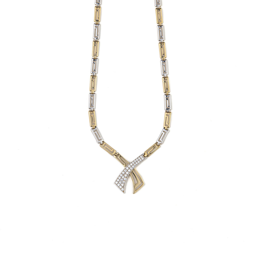 Greek Key Necklace - 14K Gold and White Gold