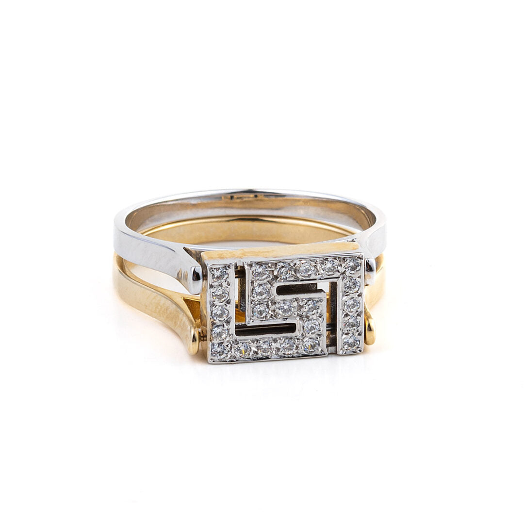 Double Face Greek key Ring with Zircon - 14K Gold