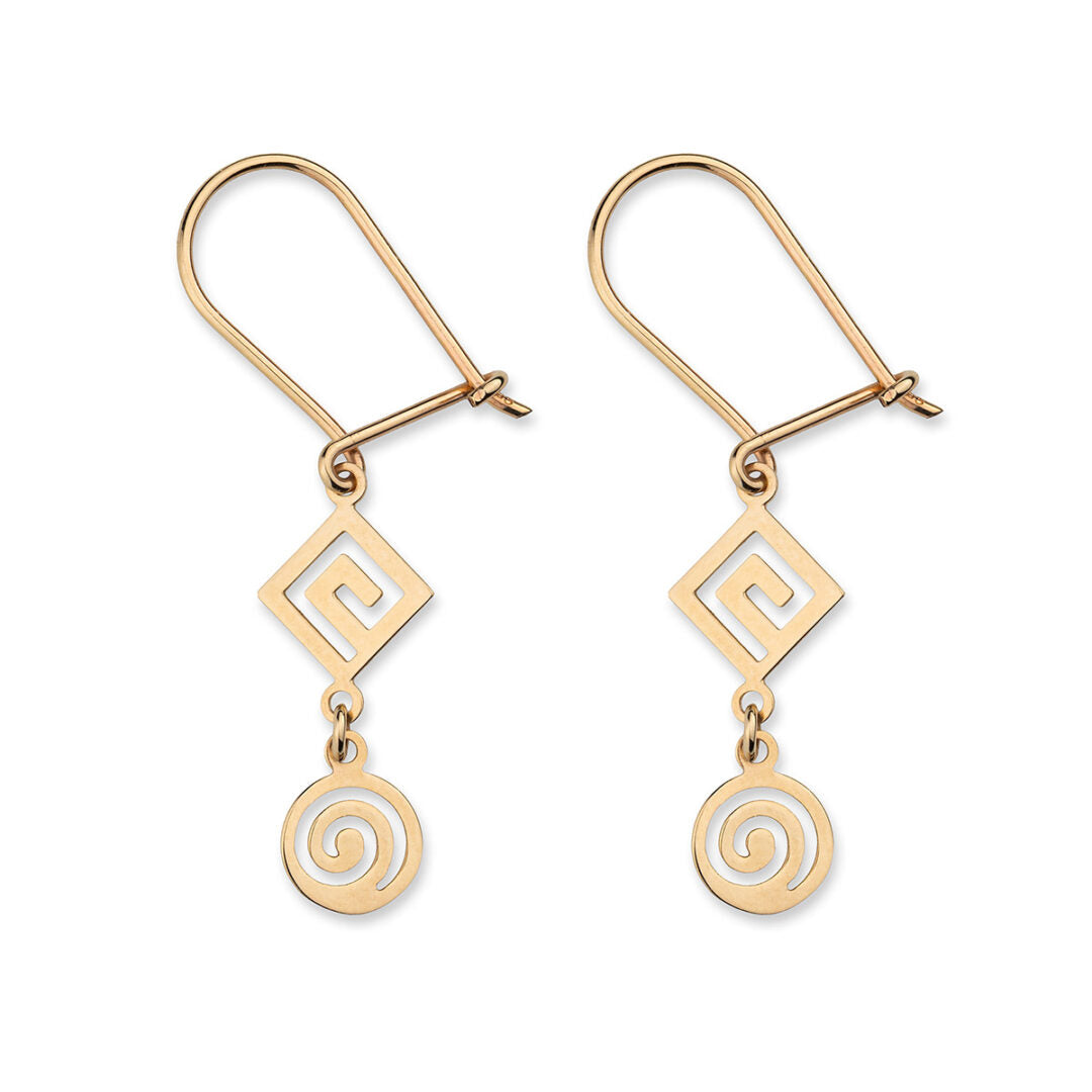 Spiral and Greek Key Gold Earrings - 14k