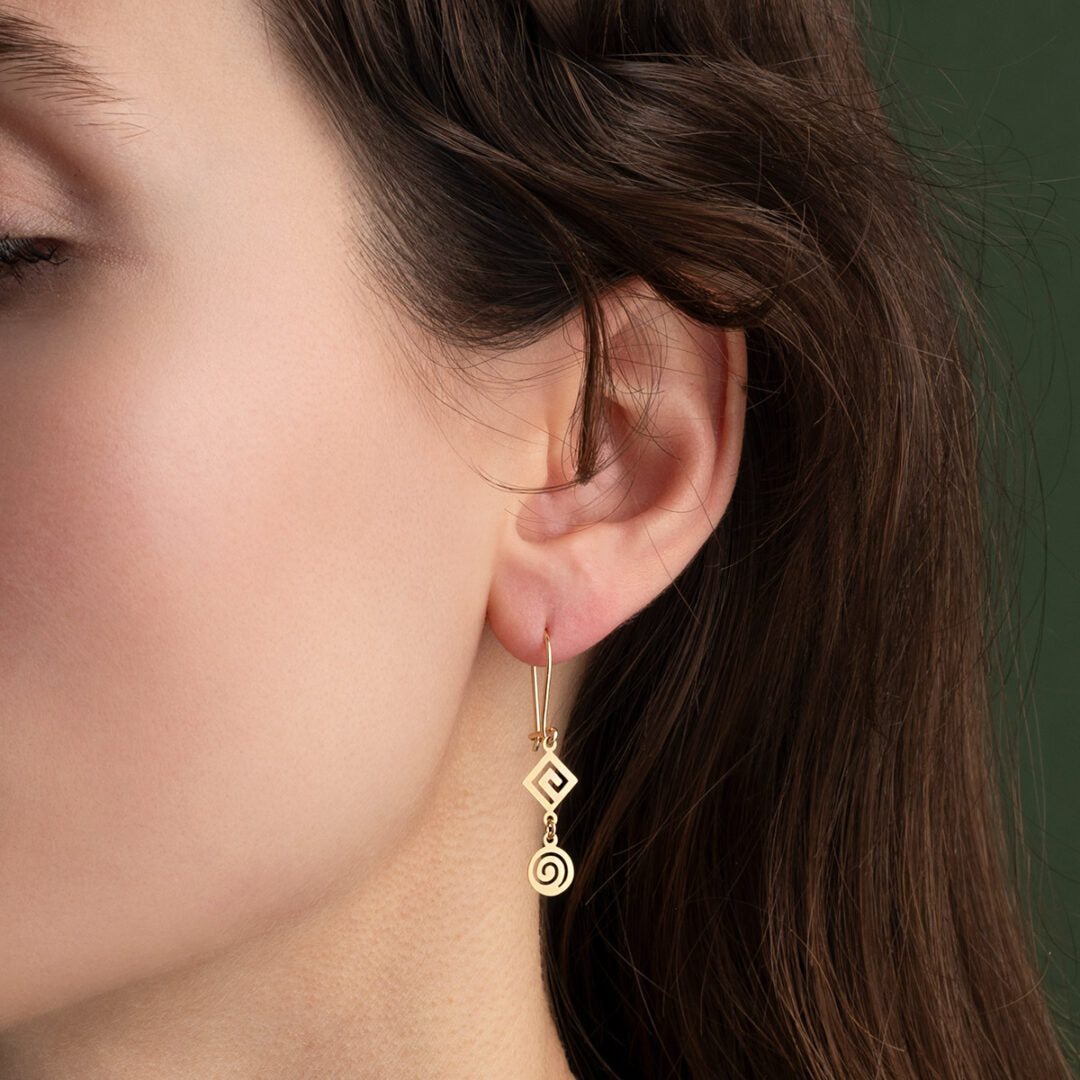 Spiral and Greek Key Gold Earrings - 14k