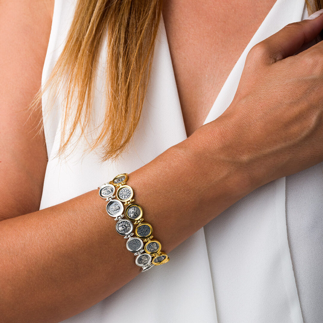 Ancient Greek Coin Link Bracelet – 925 Sterling Silver and Gold Plated