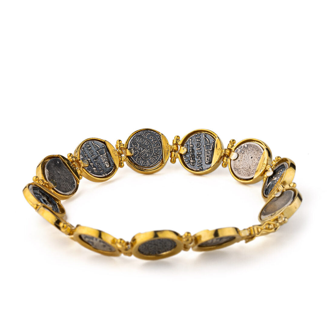 Ancient Greek Coin Link Bracelet – 925 Sterling Silver and Gold Plated