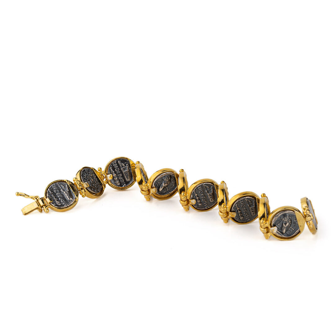 Ancient Greek Coin Link Bracelet – 925 Sterling Silver and Gold Plated