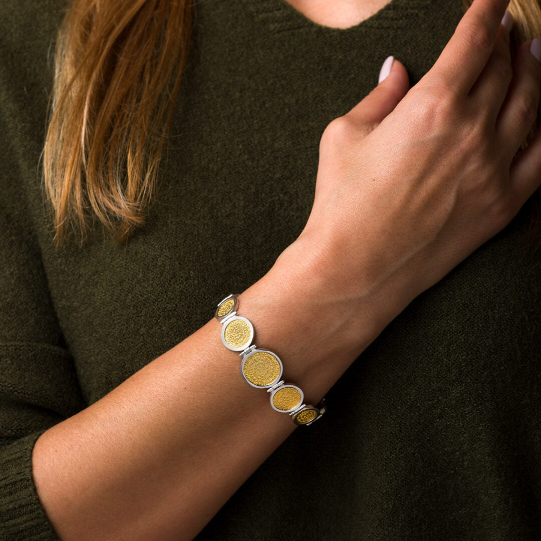 Phaistos Disc Link Bracelet - 925 Sterling Silver and Gold Plated