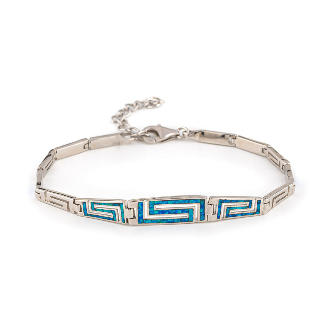 Greek Key Link Opal Bracelet – 925 Sterling Silver