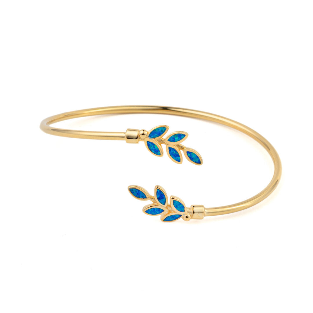 Olive Leaf Opal bangle Bracelet - 925 Sterling Silver and Gold Plated — Blue