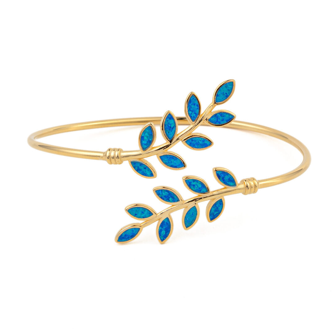 Olive Leaf Opal Bracelet - 925 Sterling Silver and Gold Plated — Blue