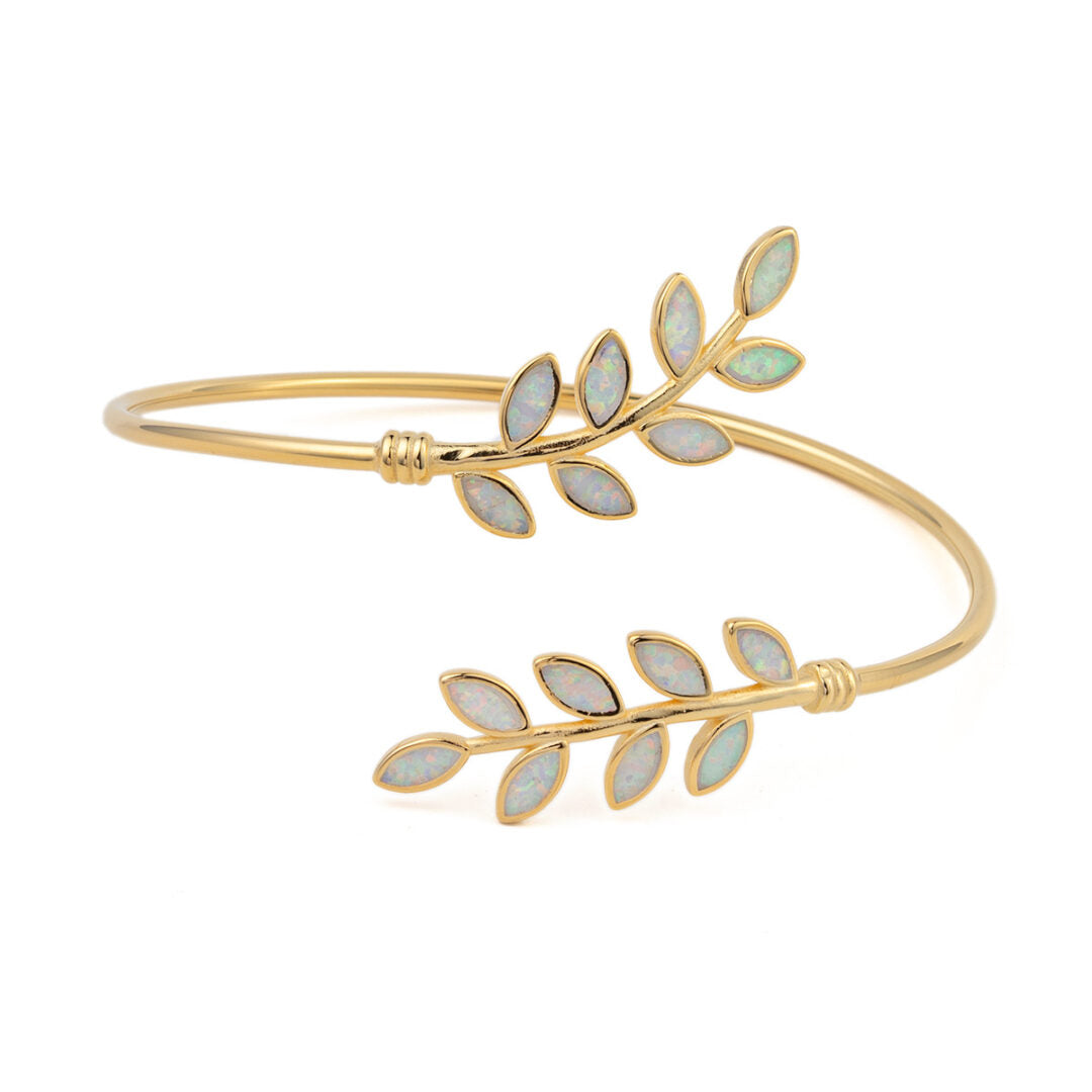 Olive Leaf Opal Bracelet - 925 Sterling Silver and Gold Plated — White