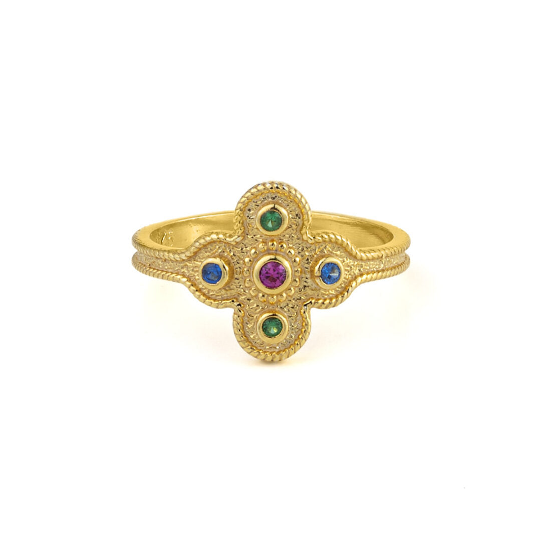 Byzantine Flower Ring with Stones - 925 Sterling Silver and Gold Plated