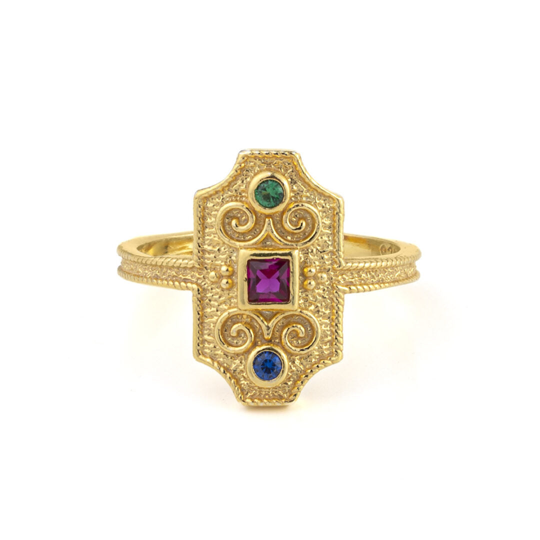 Byzantine Ring with Stones - 925 Sterling Silver and Gold Plated