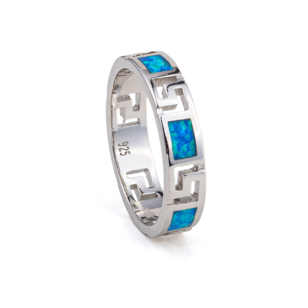 Greek Key Meander Opal Ring – 925 Sterling Silver
