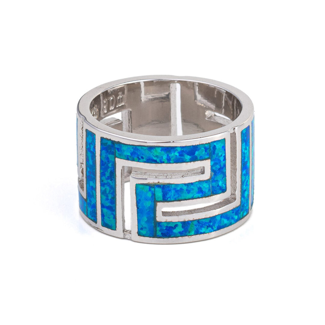 Greek Key Ring with Blue Opal – 925 Sterling Silver