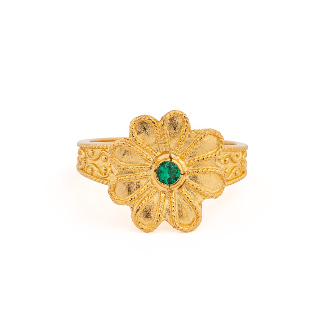 Byzantine Flower Ring in 925 Sterling Silver Gold-Plated with Zircon — Green