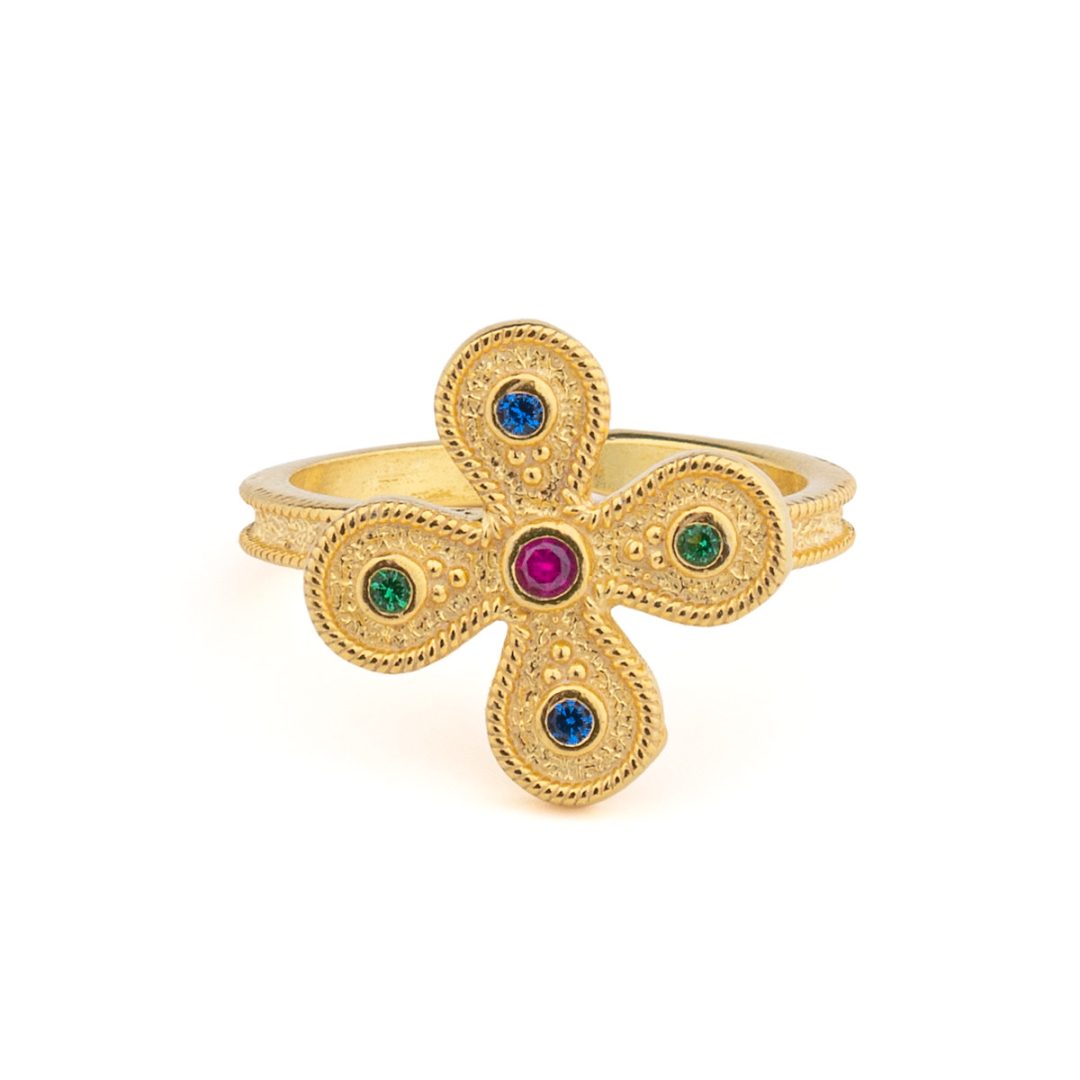 Byzantine Flower Ring in 925 Sterling Silver Gold-Plated with Multicolor Zircons