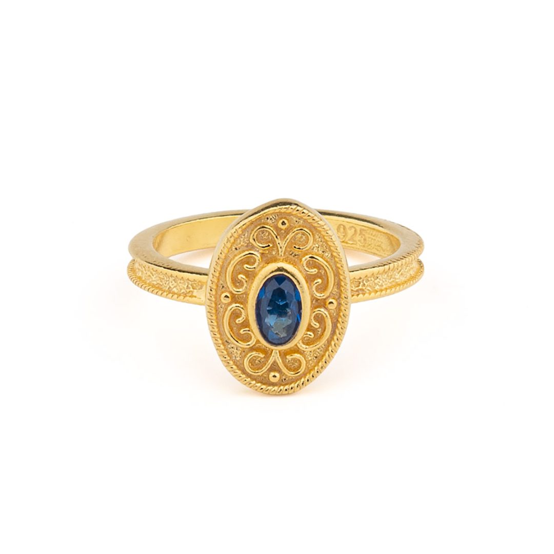 Byzantine Oval Ring in 925 Sterling Silver Gold-Plated with Oval Zircon