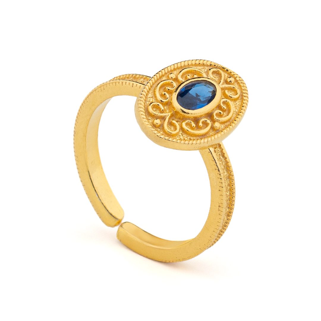 Byzantine Oval Ring in 925 Sterling Silver Gold-Plated with Oval Zircon — Green
