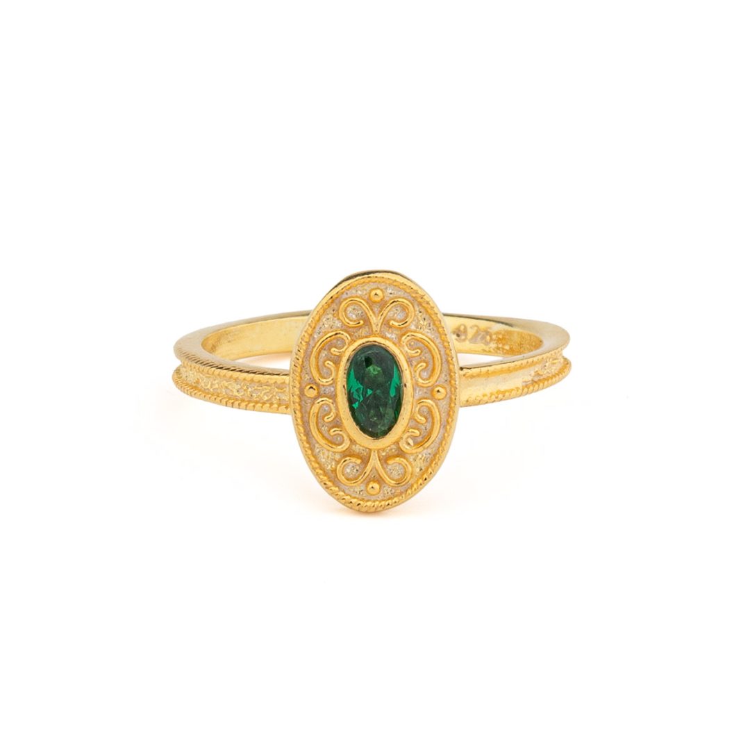 Byzantine Oval Ring in 925 Sterling Silver Gold-Plated with Oval Zircon — Green
