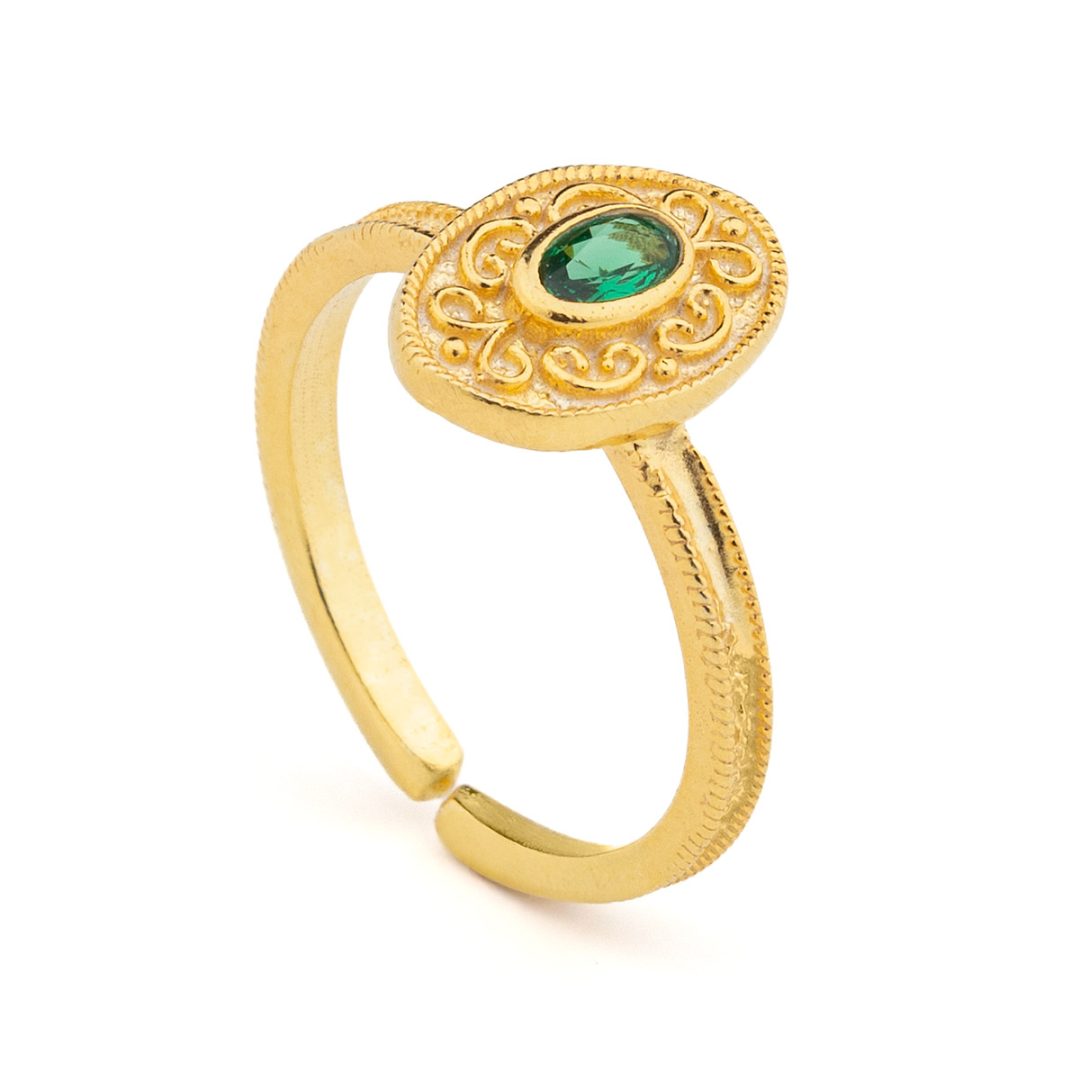Byzantine Oval Ring in 925 Sterling Silver Gold-Plated with Oval Zircon — Green