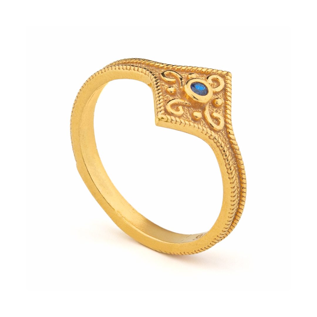 Byzantine Rhombus Ring in 925 Sterling Silver Gold-Plated with Zircon — Blue