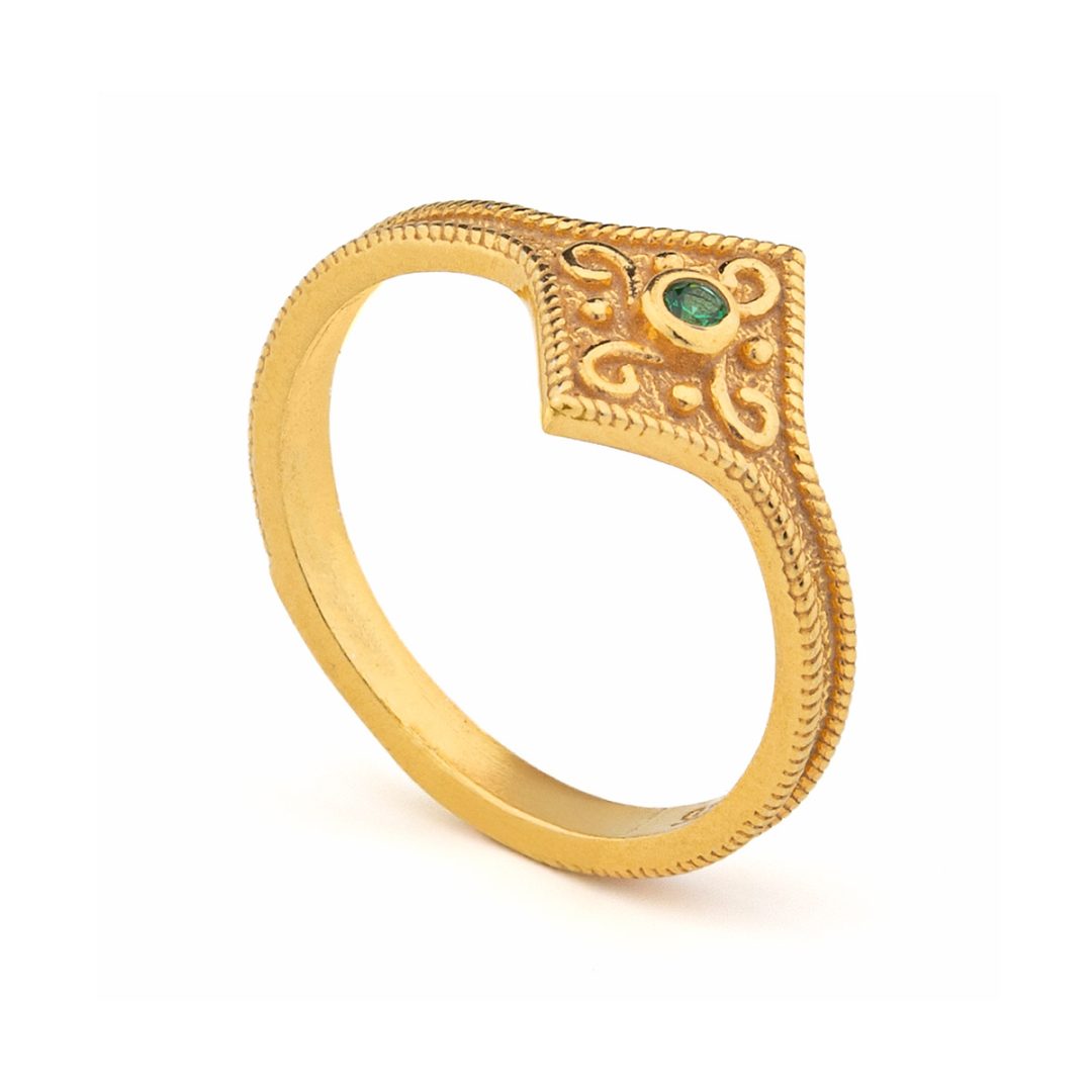 Byzantine Rhombus Ring in 925 Sterling Silver Gold-Plated with Zircon — Blue