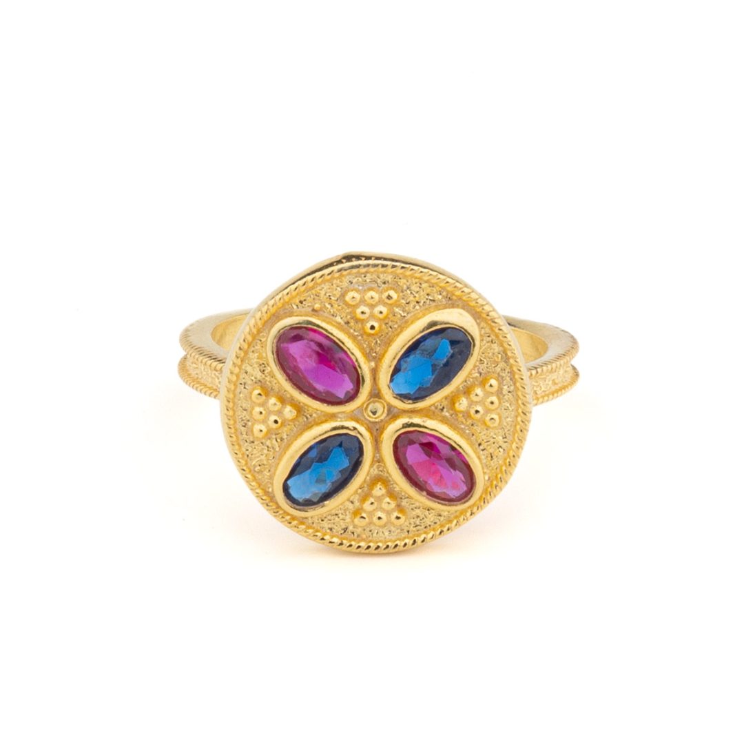 Byzantine Round Ring in 925 Sterling Silver Gold-Plated with Multicolor Oval Zircons